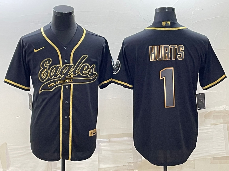 Men's Black Gold Philadelphia Eagles #1 Jalen Hurts With Patch Cool Base Stitched Baseball Jersey